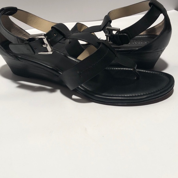 COACH T Strap Velvet Wedges Sandals (all black) - Picture 3 of 10